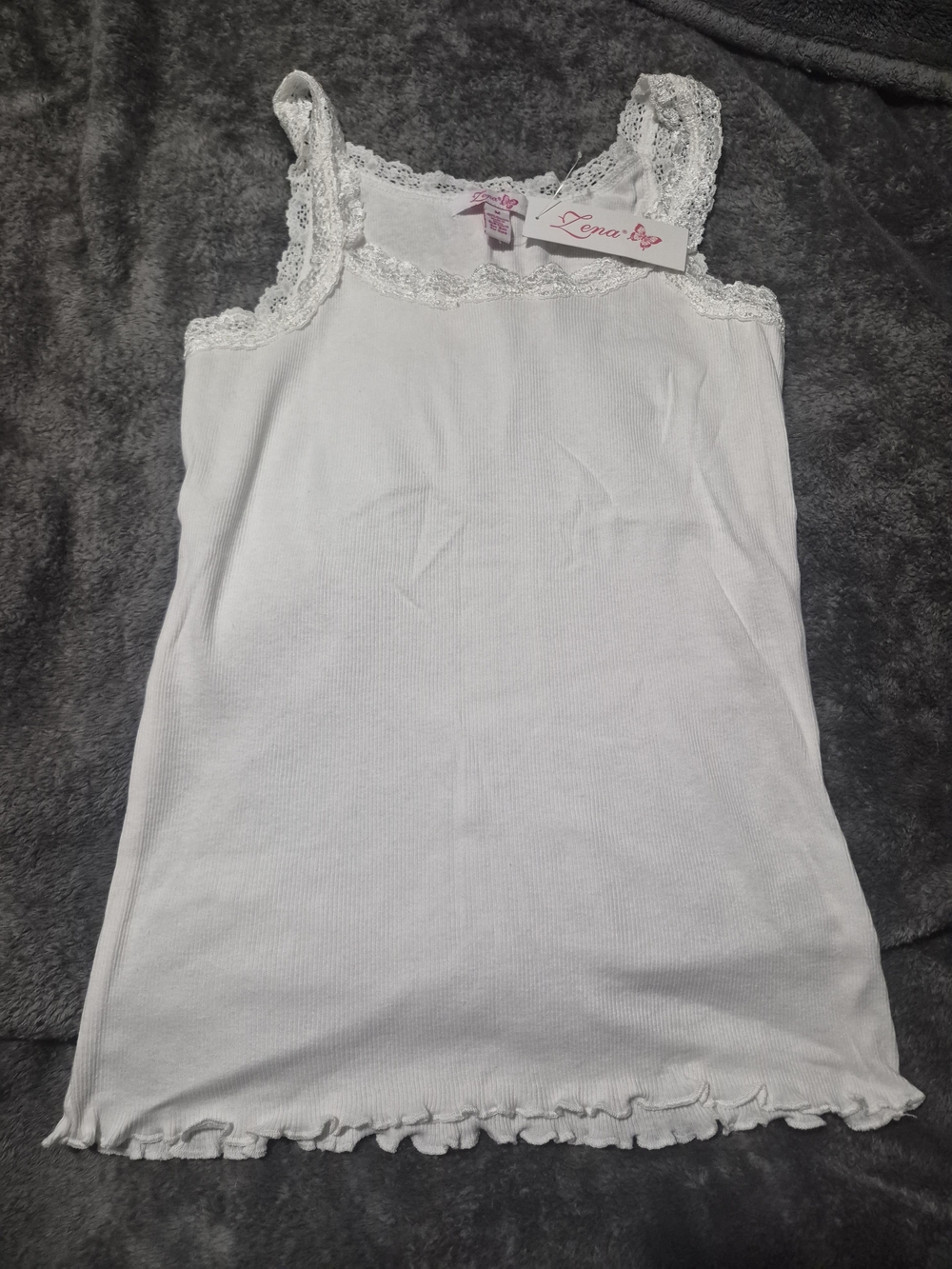 Lena White Ribbed Tank Lace Trim Neck Straps